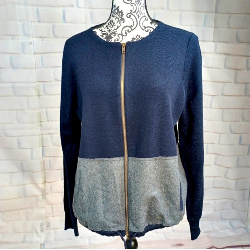 J. Crew Merino Wool Full Zip Two Tone Blue Gray Sweater Cardigan